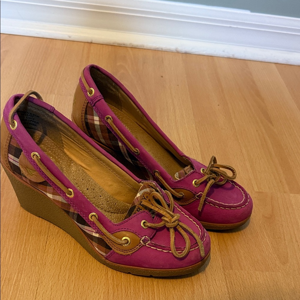 Sperry Pink and Brown Plaid Wedges